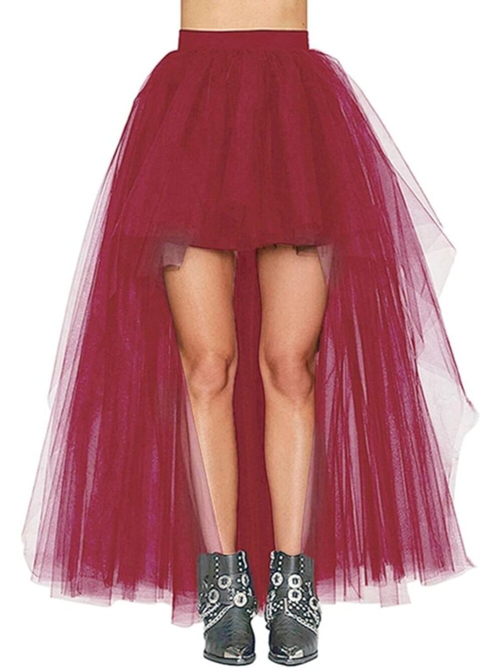 Women's Wine Red Hi-Lo Long Tutu Tulle Bustle Elastic Imported Waist Skirt